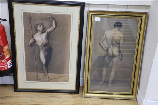 Two late Victorian charcoal and chalk art school studies of standing male nude and similar in classical poise, 65 x 40cm approximately